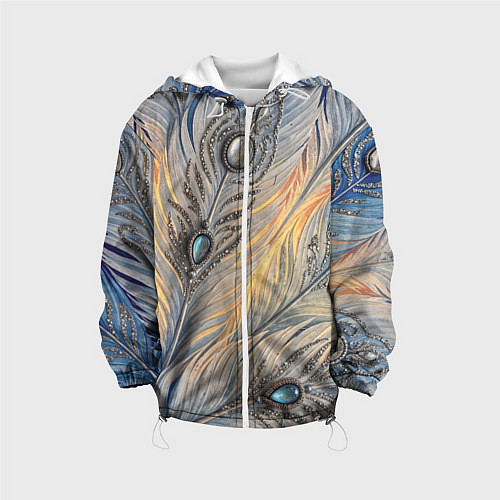 Детская куртка Синие перья с самоцветами / 3D-Белый – фото 1