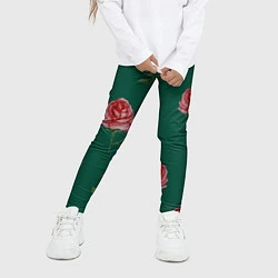 Леггинсы для девочки Ярко красные розы на темно-зеленом фоне, цвет: 3D-принт — фото 2