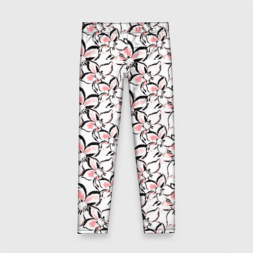 Детские легинсы Бело-розовые цветы с черной обводкой / 3D-принт – фото 1