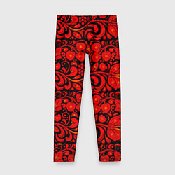 Леггинсы для девочки Хохломская роспись красные цветы и ягоды на чёрном, цвет: 3D-принт