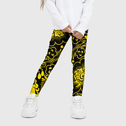 Леггинсы для девочки Хохломская роспись золотые цветы на чёроном фоне, цвет: 3D-принт — фото 2