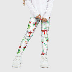 Леггинсы для девочки Елочные ветки и подарки с красным бантом акварелью, цвет: 3D-принт — фото 2