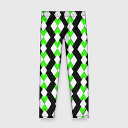 Леггинсы для девочки Зелёные и белые ромбы на чёрном фоне, цвет: 3D-принт