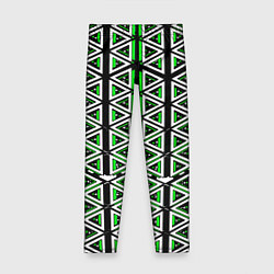 Леггинсы для девочки Бело-зелёные треугольники на чёрном фоне, цвет: 3D-принт