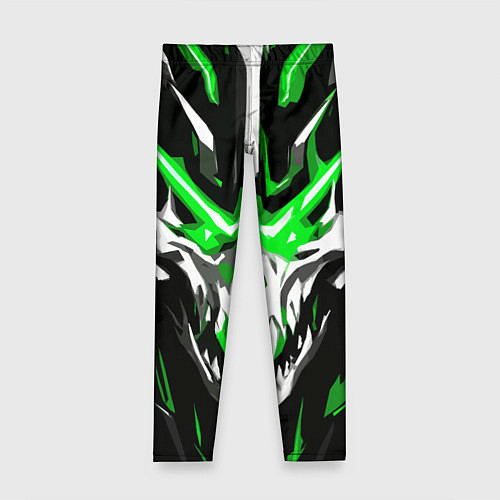 Детские легинсы Абстрактный белый череп и зелёные полосы / 3D-принт – фото 1