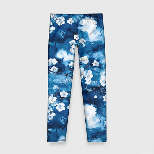 Детские легинсы Цветы белой сакуры - паттерн на синем фоне / 3D-принт – фото 1