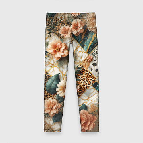 Детские легинсы Цветы на кусках мрамора и леопардовом узоре / 3D-принт – фото 1