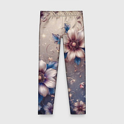 Леггинсы для девочки Сине-бежевый дымчатый с цветами, цвет: 3D-принт
