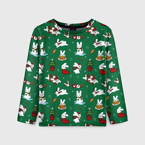 Детский лонгслив Новогодний паттерн с зайчиками / 3D-принт – фото 1