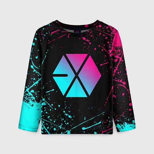 Детский лонгслив EXO BAND NEON LOGO НЕОНОВЫЕ БРЫЗГИ КРАСОК / 3D-принт – фото 1