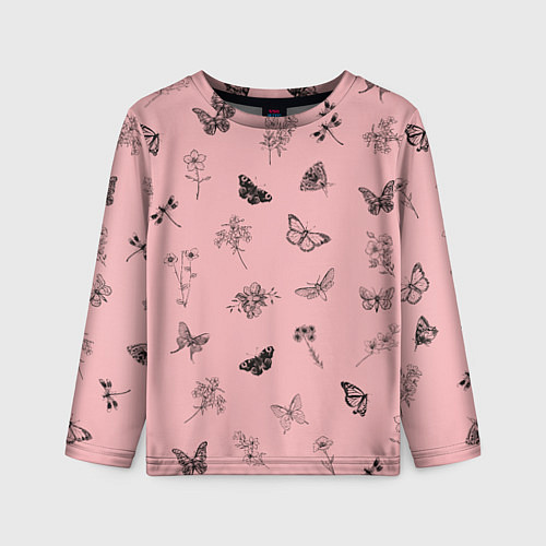 Детский лонгслив Цветочки и бабочки на розовом фоне / 3D-принт – фото 1