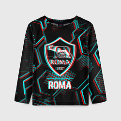 Детский лонгслив Roma FC в стиле Glitch на темном фоне