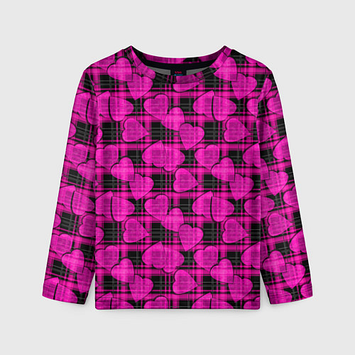Детский лонгслив Black and pink hearts pattern on checkered / 3D-принт – фото 1