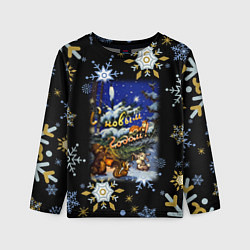 Лонгслив детский Новый год лесные звери украшают ёлку, цвет: 3D-принт