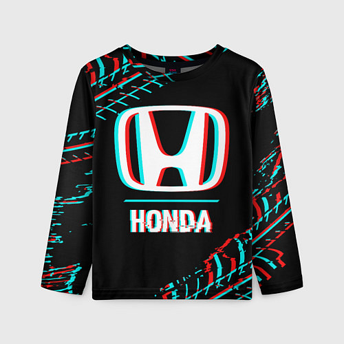 Детский лонгслив Значок Honda в стиле glitch на темном фоне / 3D-принт – фото 1