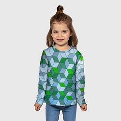 Лонгслив детский Зелёные и серые абстрактные кубы с оптической иллю, цвет: 3D-принт — фото 2