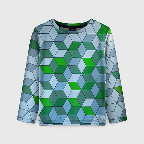 Детский лонгслив Зелёные и серые абстрактные кубы с оптической иллю / 3D-принт – фото 1