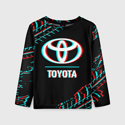 Детский лонгслив Значок Toyota в стиле glitch на темном фоне