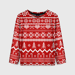 Лонгслив детский Новогодний узор на красном фоне, цвет: 3D-принт