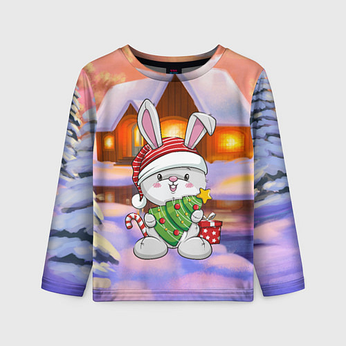Детский лонгслив Новый год - зайчик с елочкой / 3D-принт – фото 1