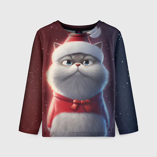 Детский лонгслив Новогодний кот в шапке / 3D-принт – фото 1