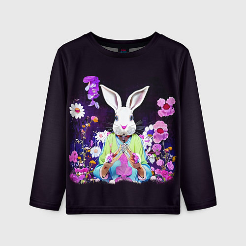 Детский лонгслив Кролик в цветах на черном фоне / 3D-принт – фото 1