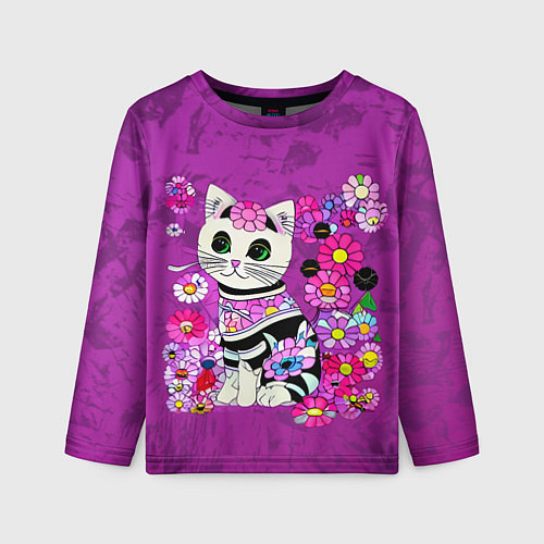 Детский лонгслив Зеленоглазый котенок в цветах / 3D-принт – фото 1