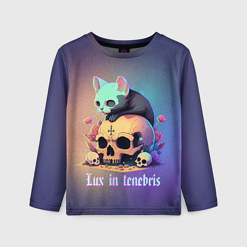 Детский лонгслив Черный котенок на черепе мрачный неоновый фон / 3D-принт – фото 1