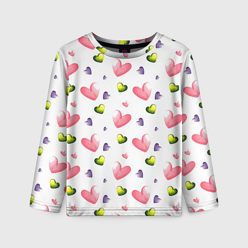 Детский лонгслив Акварельные сердечки - паттерн / 3D-принт – фото 1