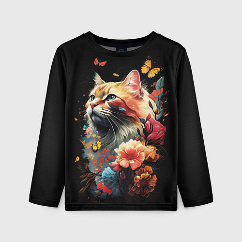 Детский лонгслив Рыжий кот в цветах / 3D-принт – фото 1