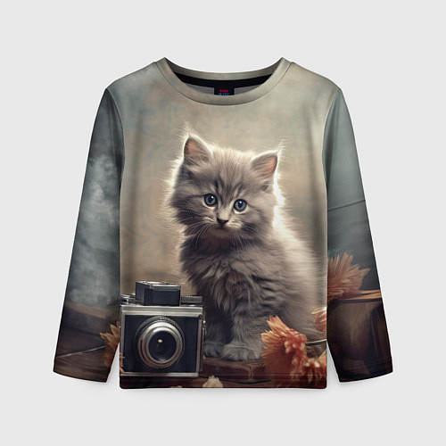 Детский лонгслив Серый котенок, винтажное фото / 3D-принт – фото 1