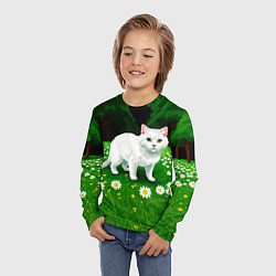 Лонгслив детский Белый кот на лугу пиксель арт, цвет: 3D-принт — фото 2