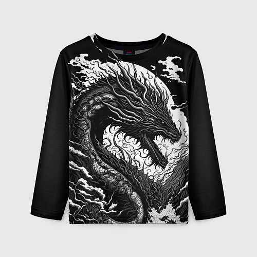 Детский лонгслив Черно-белый дракон и волны / 3D-принт – фото 1