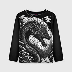 Лонгслив детский Черно-белый дракон и волны, цвет: 3D-принт