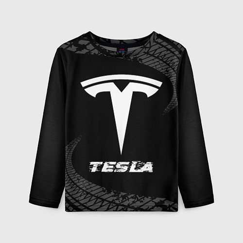 Детский лонгслив Tesla speed на темном фоне со следами шин / 3D-принт – фото 1