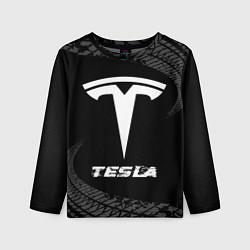 Детский лонгслив Tesla speed на темном фоне со следами шин