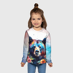 Лонгслив детский Портрет медведя гризли с цветами акварелью, цвет: 3D-принт — фото 2