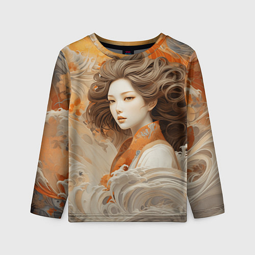 Детский лонгслив Японская девушка и волны океана / 3D-принт – фото 1