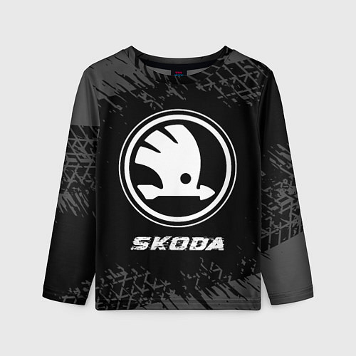Детский лонгслив Skoda speed на темном фоне со следами шин / 3D-принт – фото 1