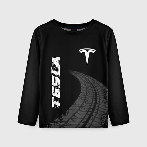 Детский лонгслив Tesla speed на темном фоне со следами шин вертикал / 3D-принт – фото 1