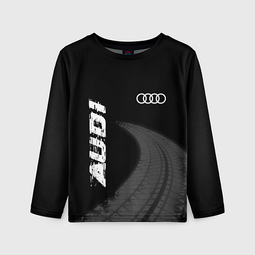 Детский лонгслив Audi speed на темном фоне со следами шин вертикаль / 3D-принт – фото 1