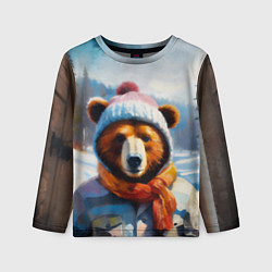 Детский лонгслив Бурый медведь в зимней одежде