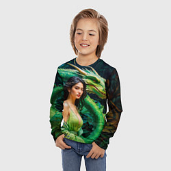 Лонгслив детский Нейросеть - девушка с зелёным драконом, цвет: 3D-принт — фото 2