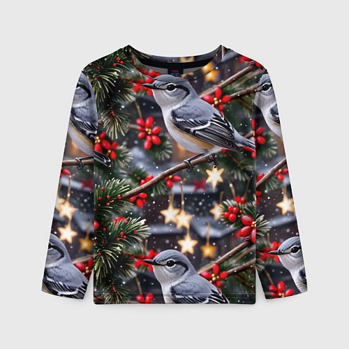 Детский лонгслив Рождественская птица пересмешник / 3D-принт – фото 1