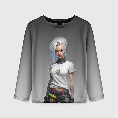 Детский лонгслив Блондинка в белой футболке Cyberpunk 2077 / 3D-принт – фото 1