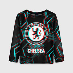 Детский лонгслив Chelsea FC в стиле glitch на темном фоне