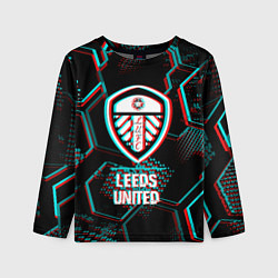 Детский лонгслив Leeds United FC в стиле glitch на темном фоне