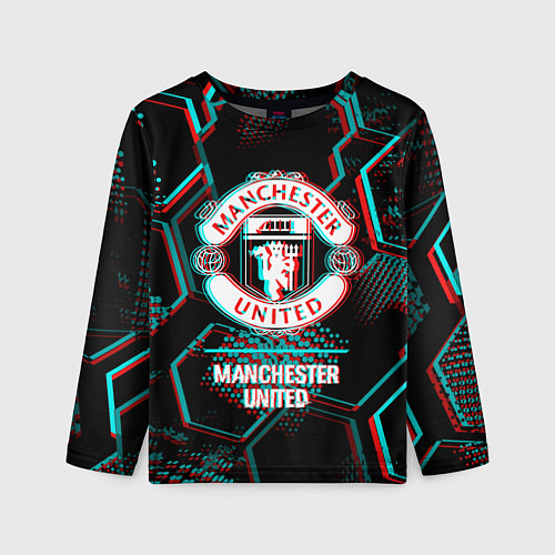Детский лонгслив Manchester United FC в стиле glitch на темном фоне / 3D-принт – фото 1