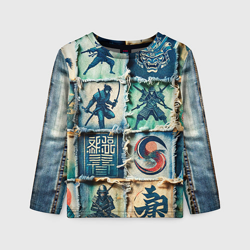 Детский лонгслив Самураи на пэчворк дениме / 3D-принт – фото 1