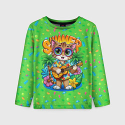 Детский лонгслив Кот играет на гитаре летом